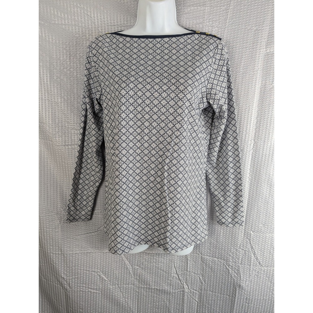 DG2 by Diane Gilman Womens XS Navy Geometric Medallion Boatneck Top Gold Buttons